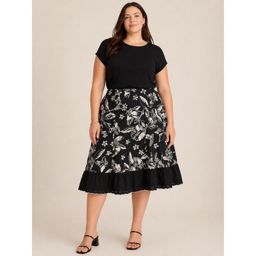 Merona Womens Floral Eyelet Skirt 18W Black White Cotton A-Line Knee Length Boho